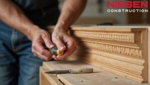 A craftsman's hands working on detailed custom woodwork for a home interior