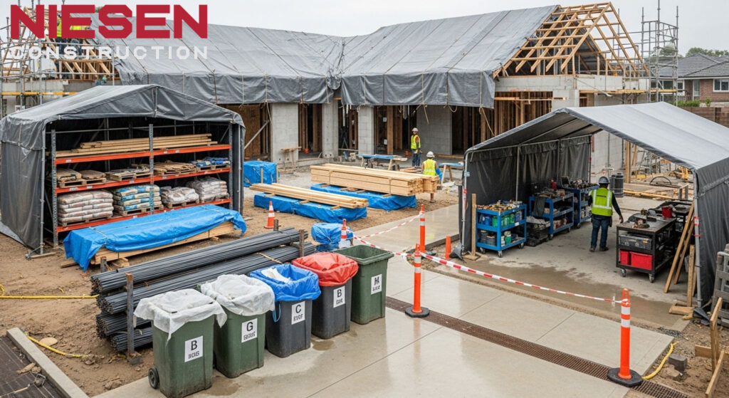 Well-organized custom home construction site with proper weather protection