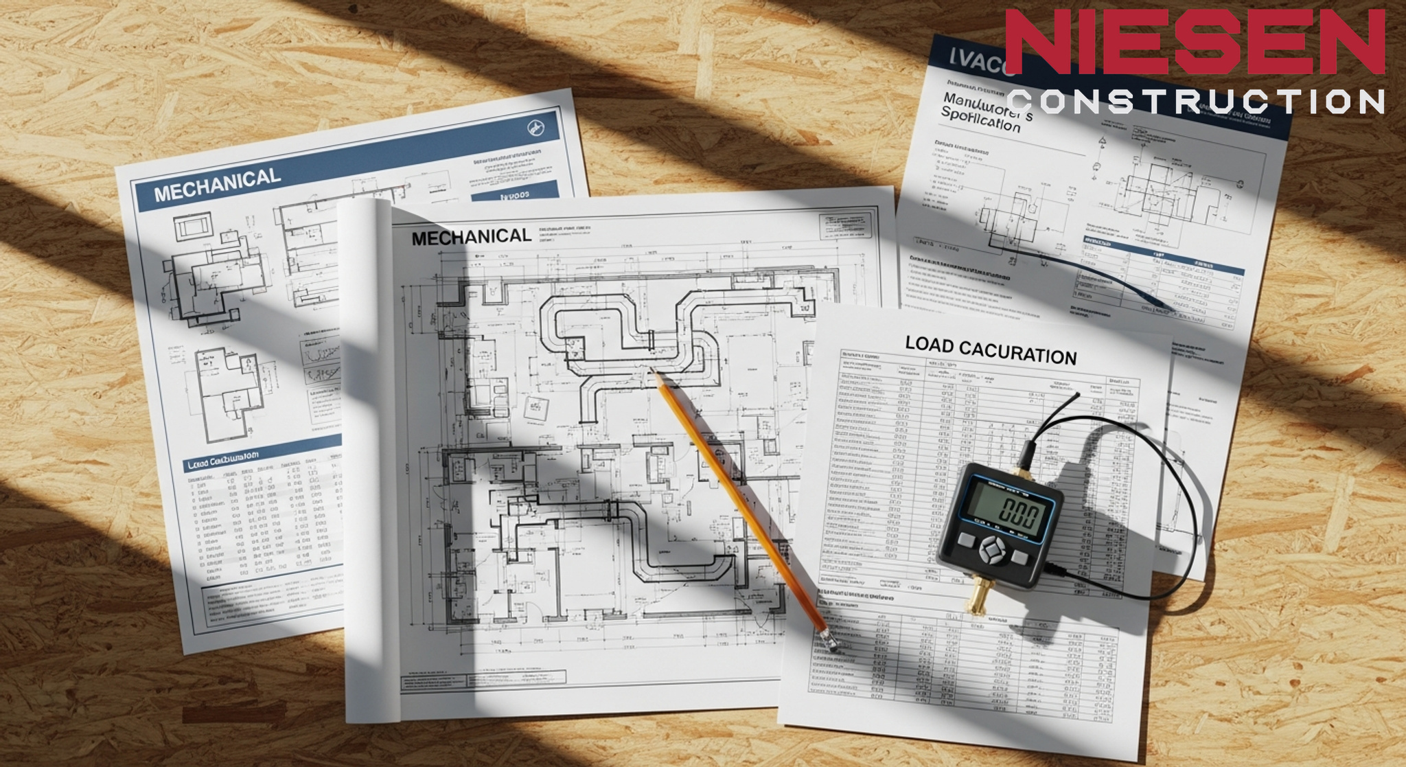 Custom home builder and HVAC contractor reviewing system specifications and ductwork plans